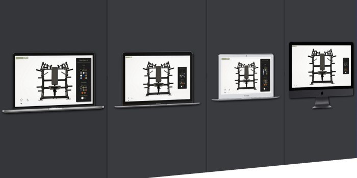 The SPX 3D equipment configurator running across MacBook, MacBook Air, and iMac