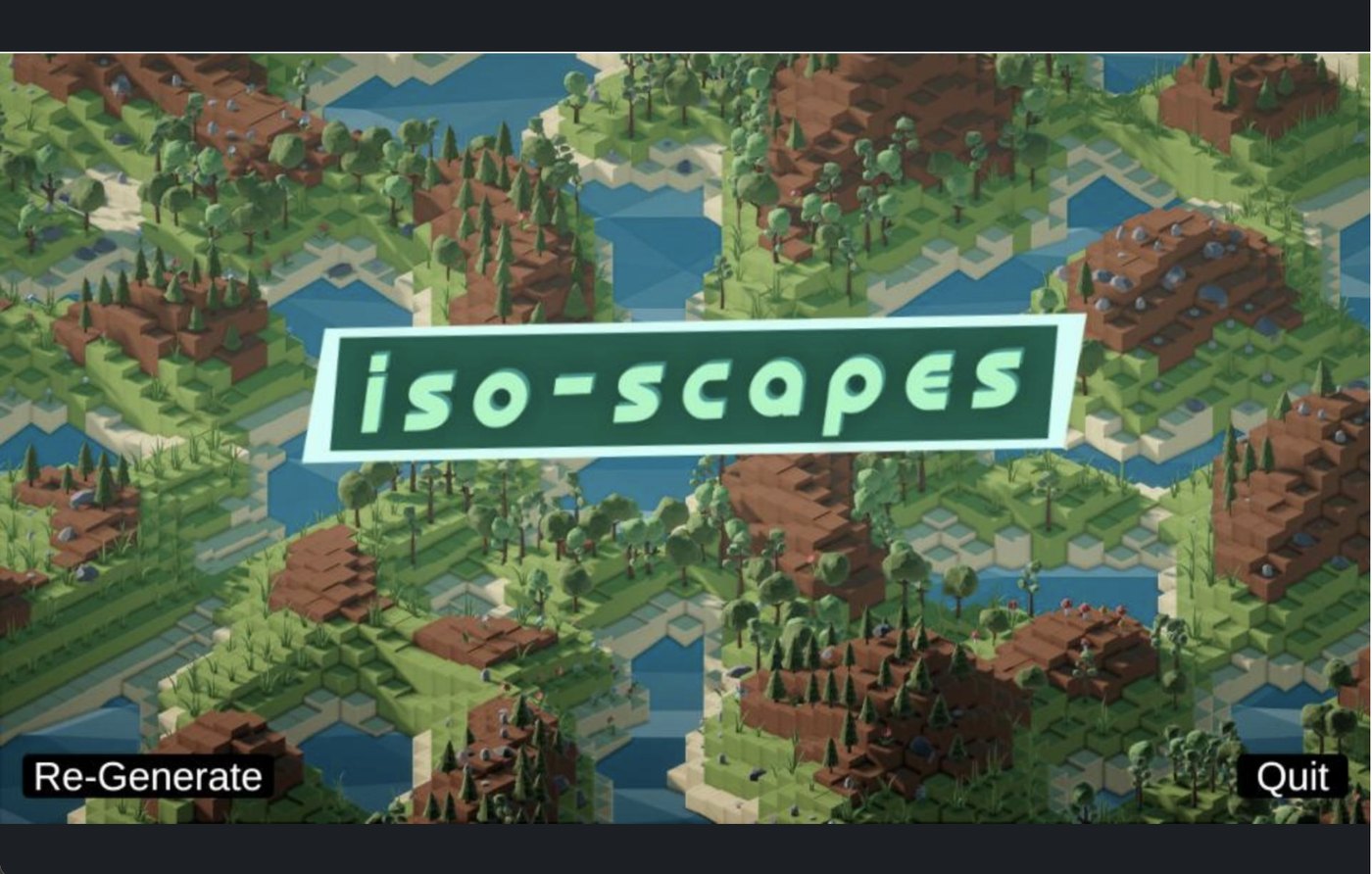 Iso-Scapes title screen: a procedurally generated isometric low-poly landscape of forests, cliffs, and water, with a Re-Generate button