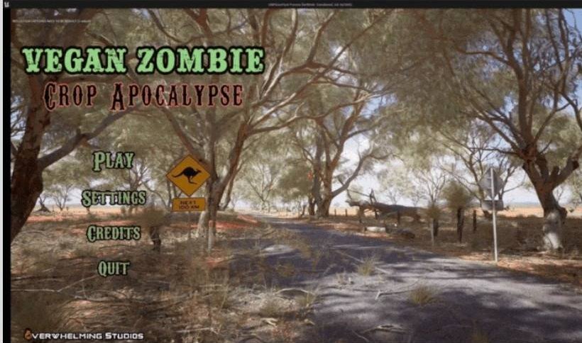 Vegan Zombie Crop Apocalypse title screen, set on an Australian outback road
