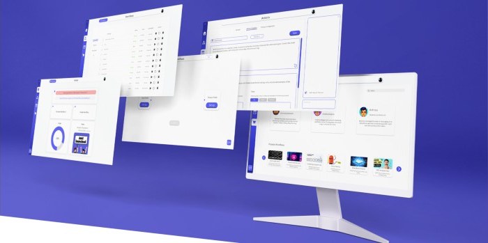 VortexeAI product screens — the workflow dashboard, editor, and profile surfaces floating on the brand's purple field